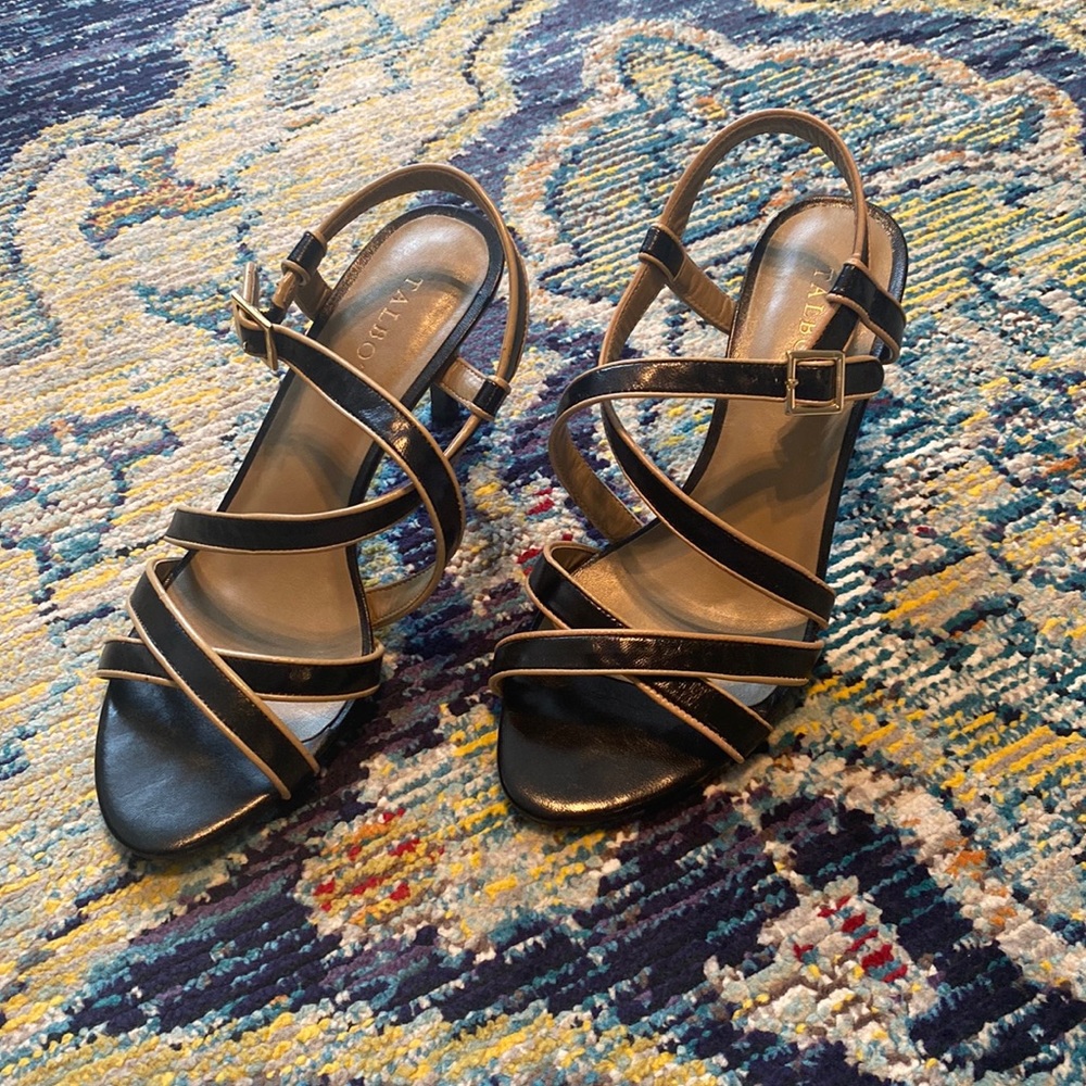 Black and Tan Leather Strappy Sandal Heels